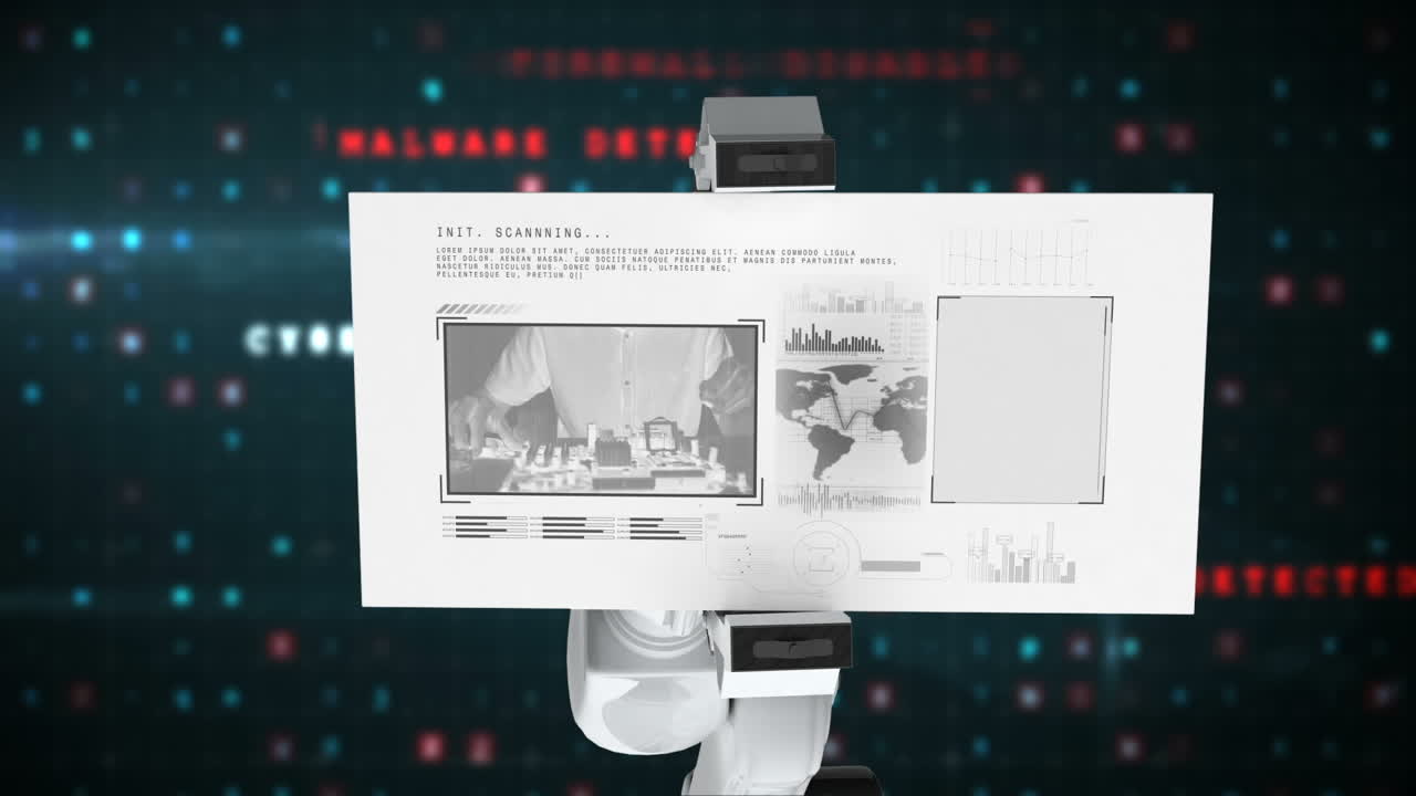 Digitally generated video of white robotic arm holding card with research concept