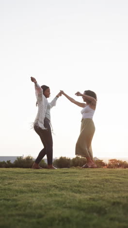 vertical video of happy biracial female couple holding hands and dancing in garden in slow motion
