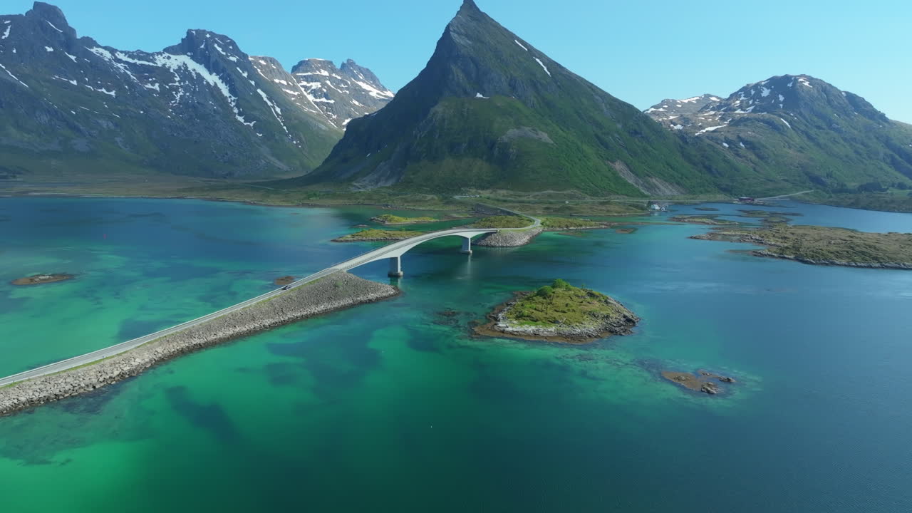 Scenic aerial footage showcasing the stunning Flakstad bridges and surrounding landscapes in Lofoten, Norway, with turquoise waters and majestic mountains
