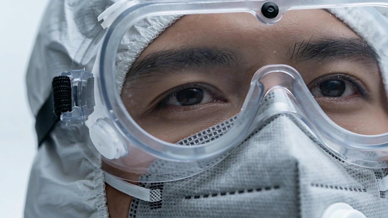 Kameraaufnahme zeigt medizinisches Personal, das blinzelt und im Krankenhaus aufmerksam bleibt, mit PSA, Schutzbrille und Maske.