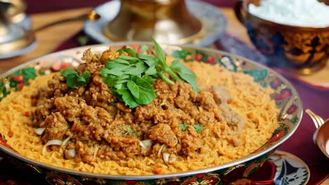 delicious indian food with meat, rice and vegetables