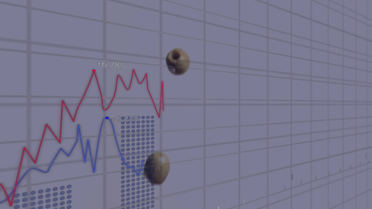 Animation of financial data processing over beads falling on white background