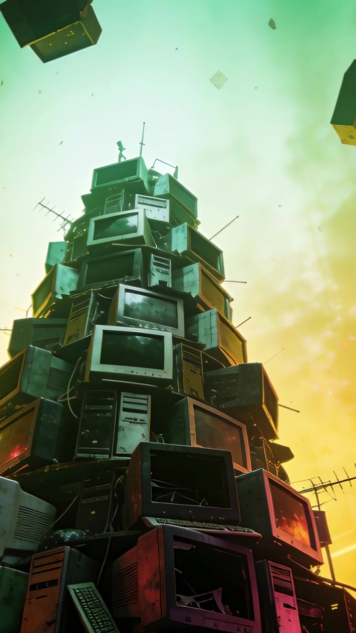 Vertical video: Shedding cables and screens, CRT tower reacting to wind outside with small figure