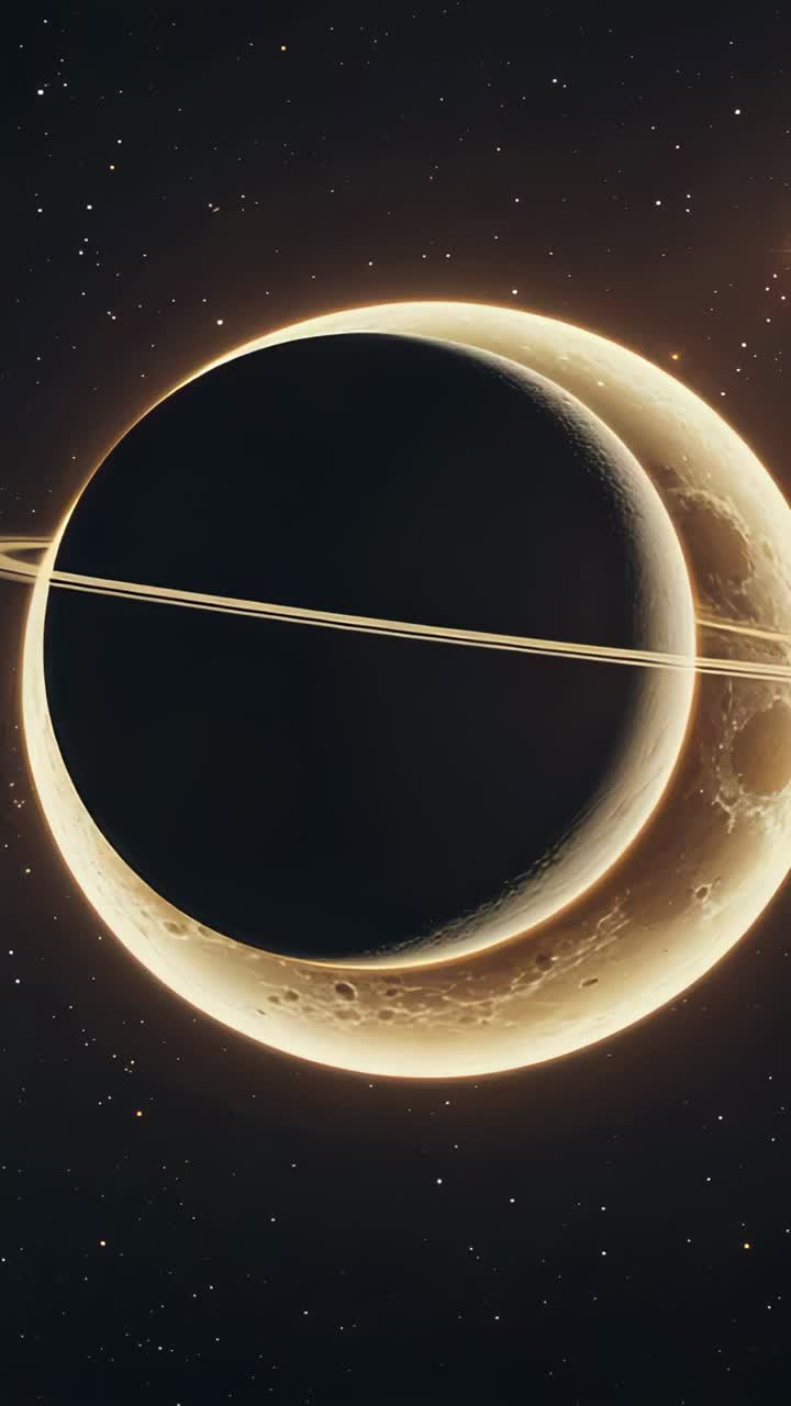 Vertical video: Slowly orbiting camera revealing planet's glowing rings in space starfield