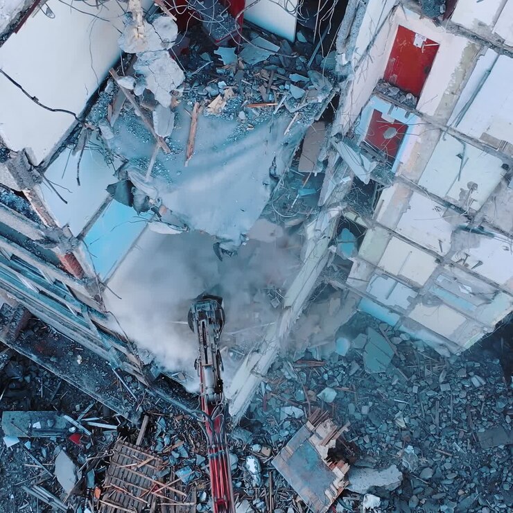 Escavatore che si alza in alto per demolire pavimenti e muri di una struttura in cemento. Pezzi di cemento rotti che cadono a terra con nuvole di polvere.