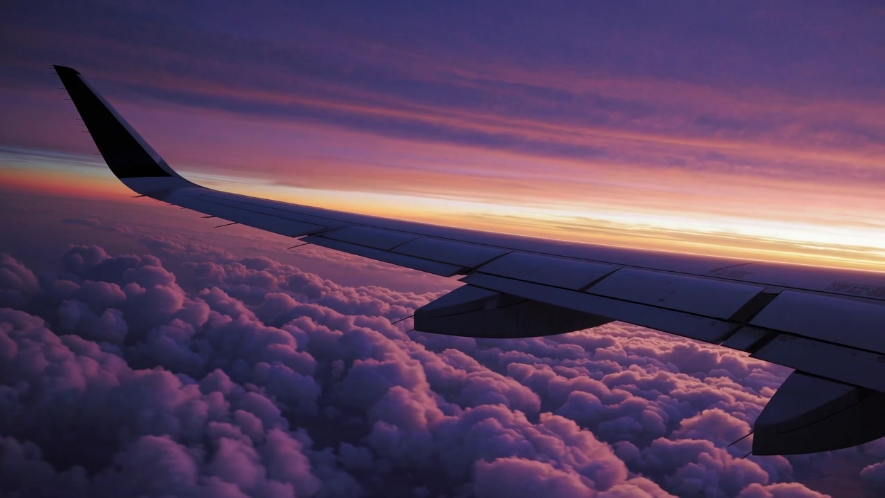 Airplane Wing Flying Above Clouds During Sunset
