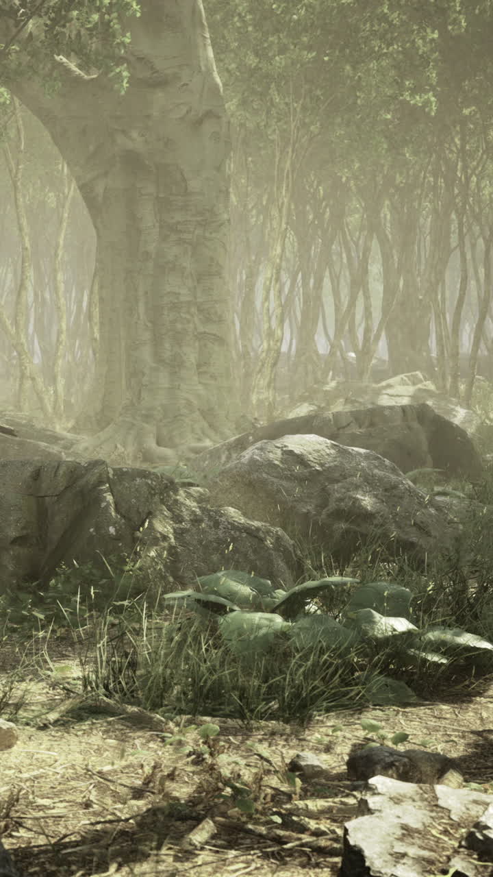 Forest scene with large tree and rocks on ground in a misty environment