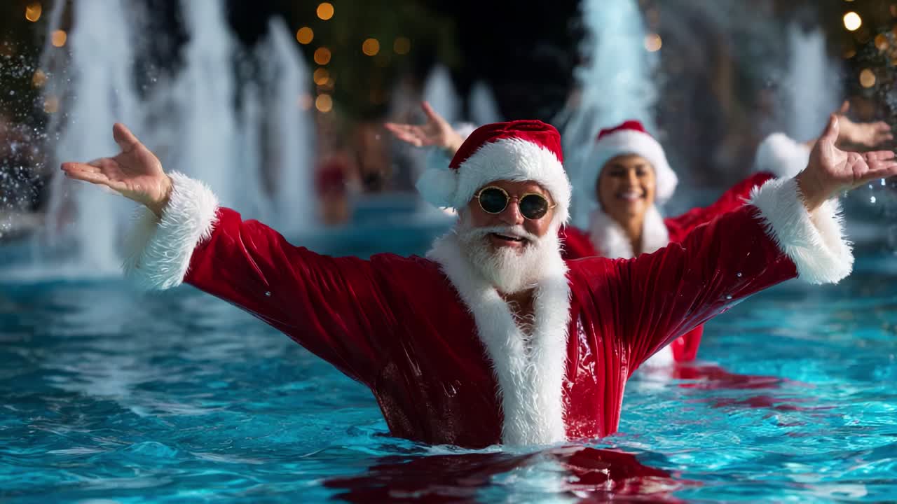 Cheerful Santas Enjoying a Pool Party Celebration: A Joyful Winter Scene with Festive Atmosphere, Laughter, and Excitement as Water Splashes and Lights Dazzle in the Background Under a Clear Night Sky