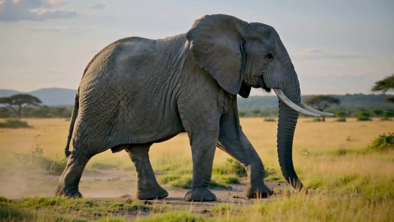 En gående voksen elefant på en jordsti over savannen mod akacietræer, der hvirvler støv op.