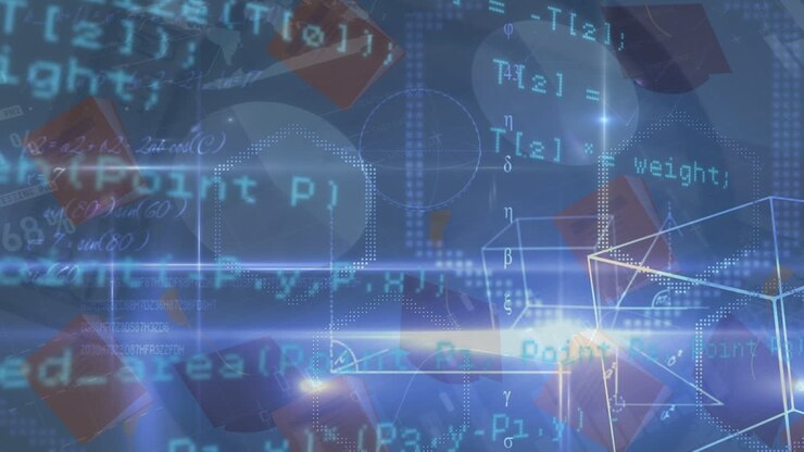 Animation of data processing and shapes on blue background