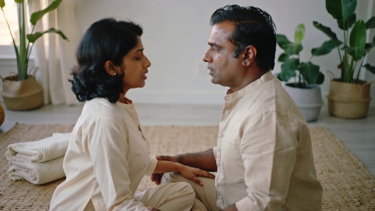 Leaning couple loving nose-touching pulling back speaking sitting in beige clothes on rug by plants