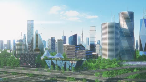 futuristic city concept. wide shot of an animated modern urban megapolis with creative skyscrapers with banks, offices, hotels, autonomous flying machines and perfect clear blue sky on sunny day.