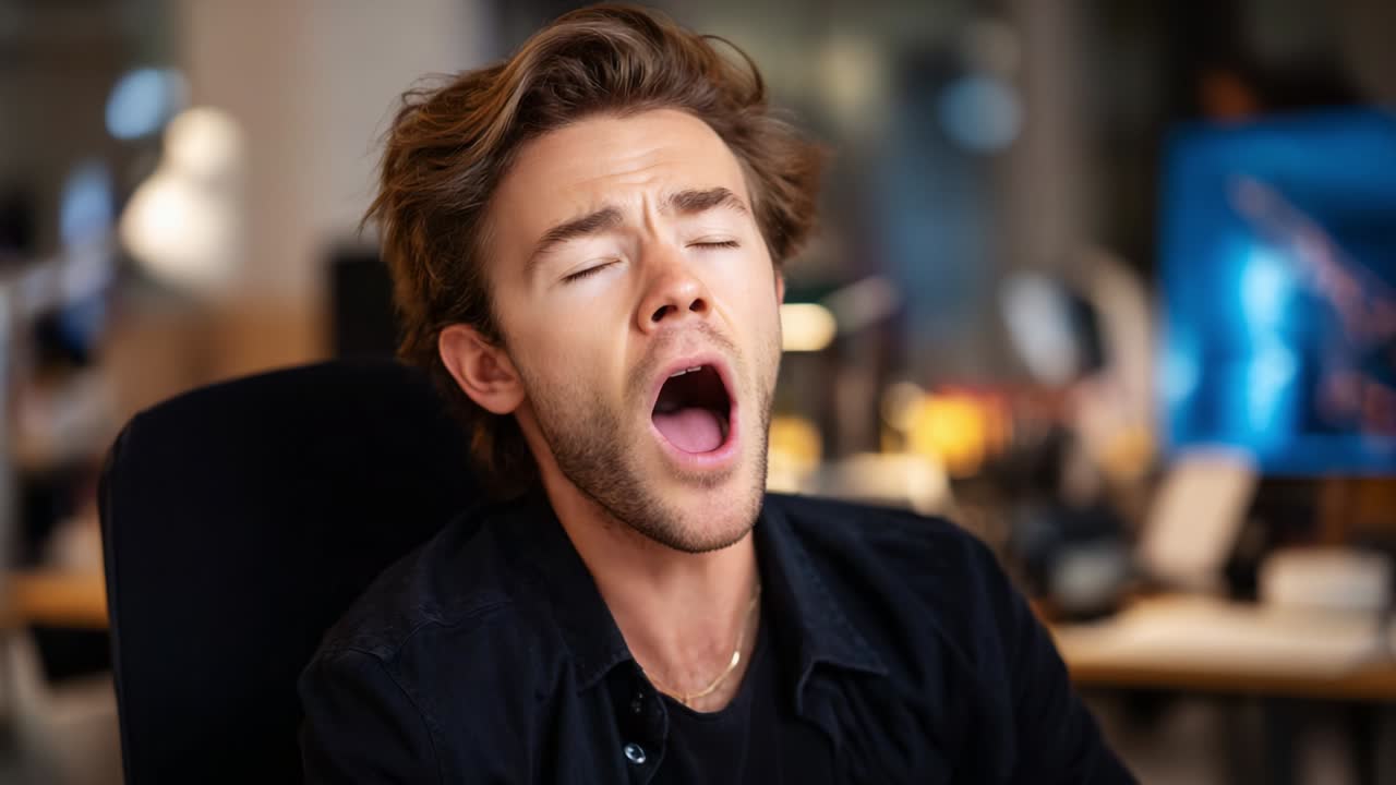 A Young Man Expresses His Emotions in an Office Setting While Engaged in a Moment of Reflection, Conveying Feelings of Exhaustion, Relaxation, and Concentration Against a Busy Background