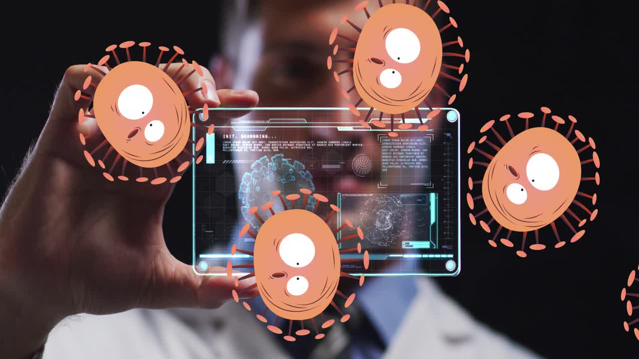 Animation of orange virus cells over caucasian male doctor with digital card with virus data