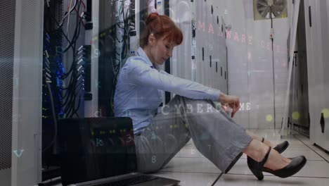 Animation-of-cyber-crime-and-caucasian-woman-sitting-in-server-room