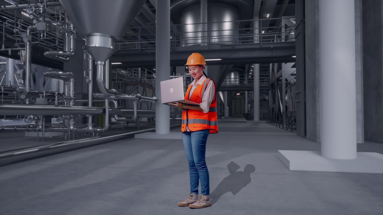 Full Body Side View Of Asian Female Engineer With Safety Helmet Working On A Laptop While Standing in Distillery Interior With Large Fermentation Tanks