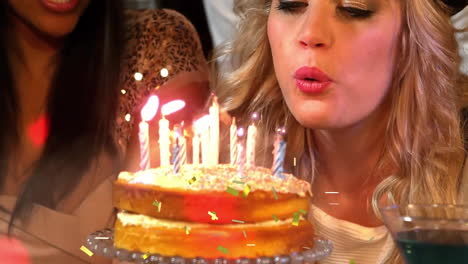 blowing out birthday candles, woman celebrating with confetti animation over cake