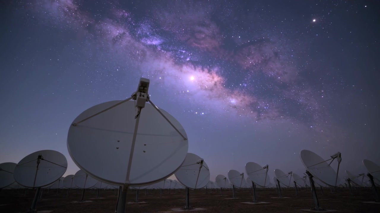 Showing large white dish aligning with Milky Way core over dish field, timelapse feedhorn seen