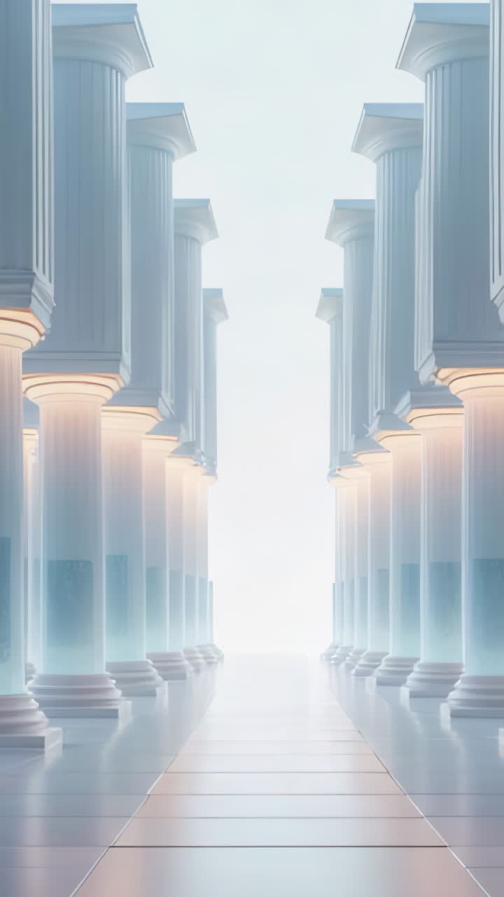 Vertical video: camera capturing fluted columns lining tiled walkway showing glowing light at start