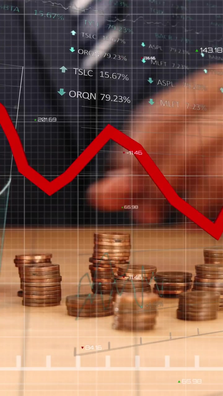 Animation of red line and financial data processing over businessman counting coins