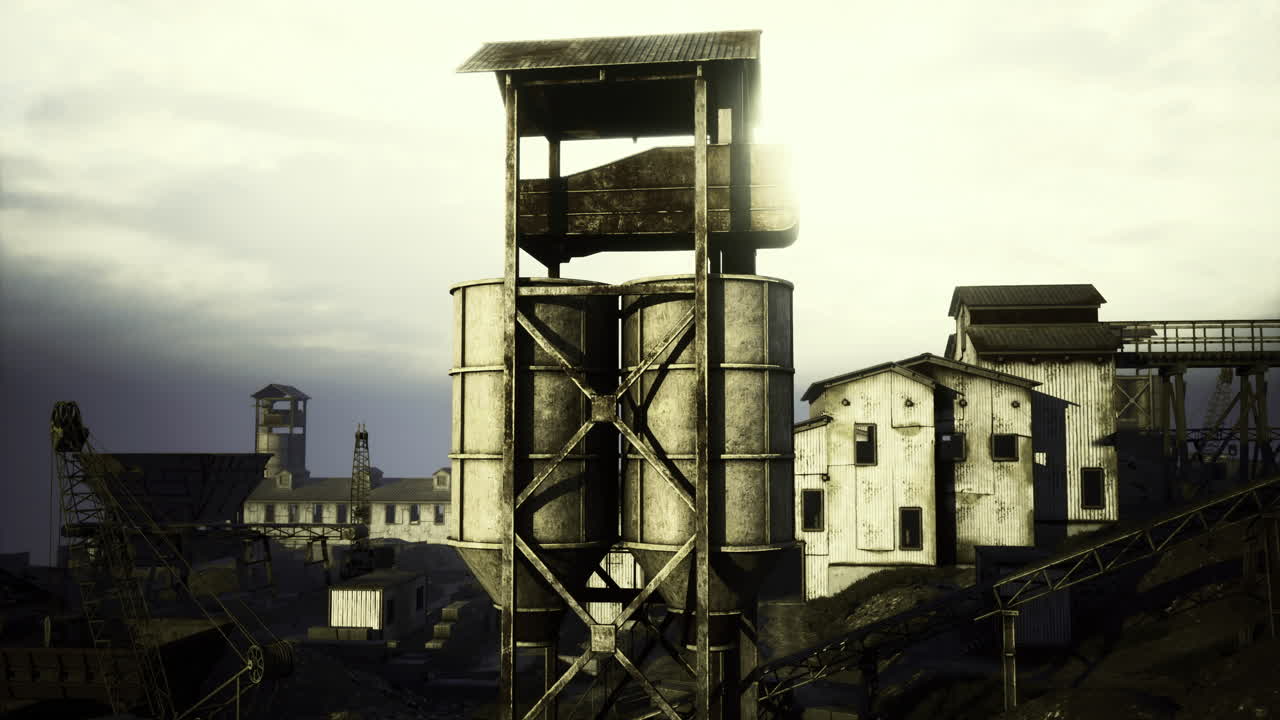 Old industrial site stands tall against a moody sky at dusk