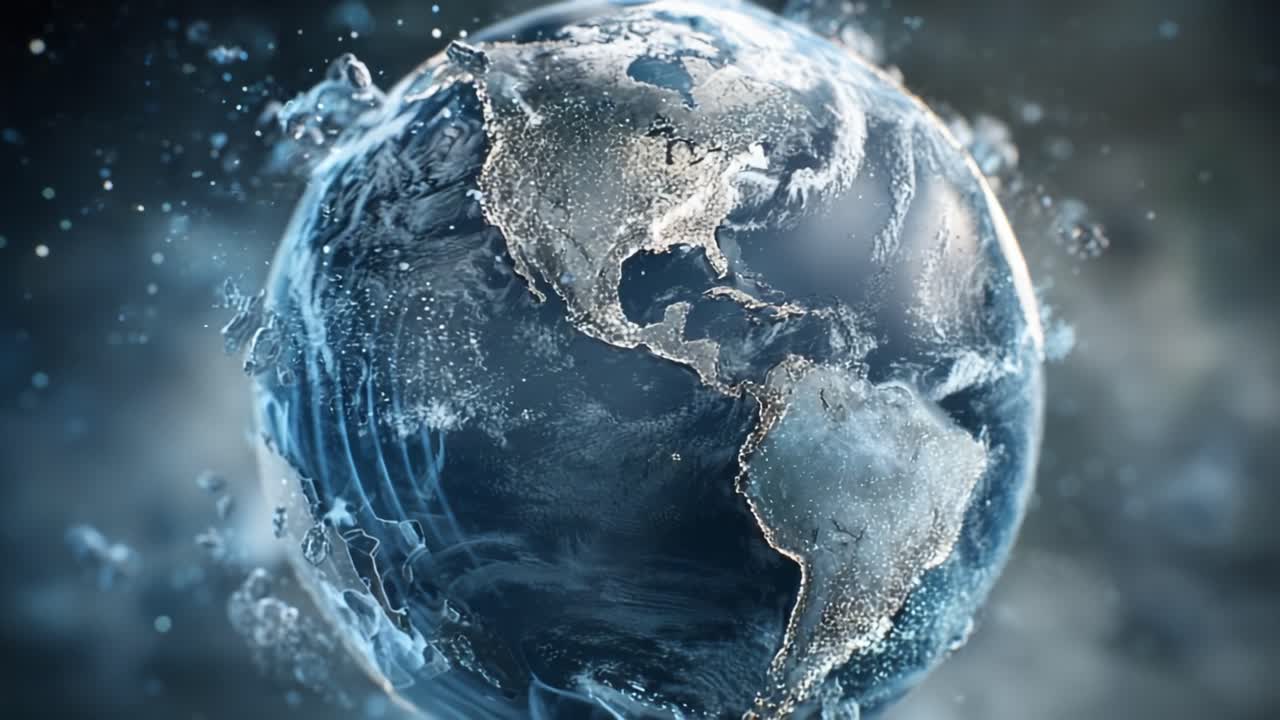 Upea digitaalinen visualisointi Maasta, jota ympäröivät vesi ja ilmakehän ilmiöt, vangiten planeettamme hienostuneet yksityiskohdat ja kauneuden avaruudesta nähtynä.