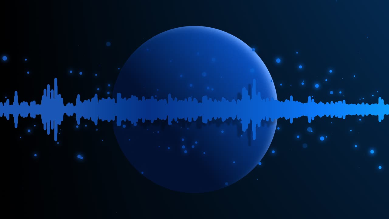 Background animation of blue music sound wave radiating slowly fading circles and dust particles on top of an abstract glowing planet