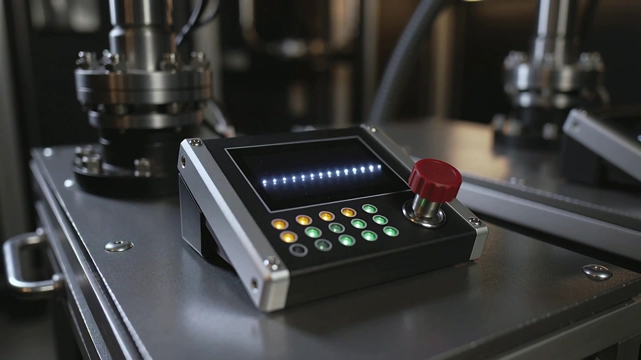 Starting benchtop console on steel bench showing LED row, amber or green indicators