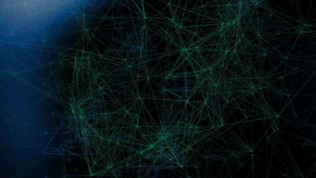Animation of mathematical equations over network of connections on black background