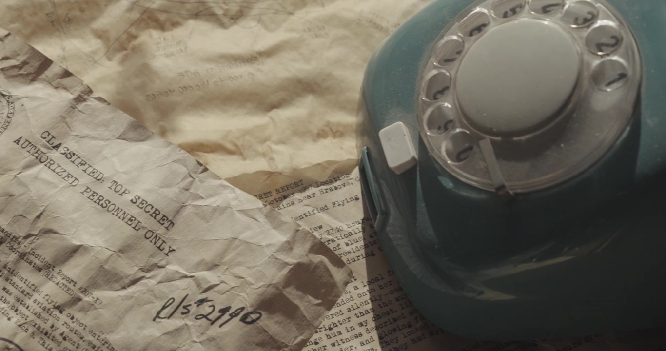 Scatto ravvicinato in posa che rivela carte invecchiate e accartocciate contrassegnate come "top secret" e "riservato" accanto a un telefono fisso vintage