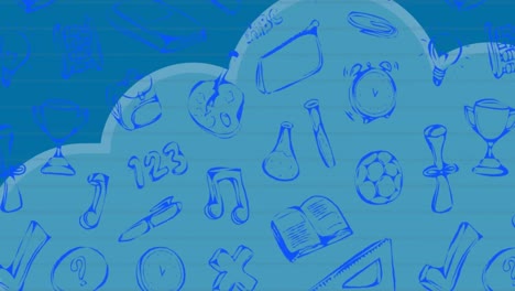 animación de los iconos de los artículos escolares sobre nubes sobre fondo azul
