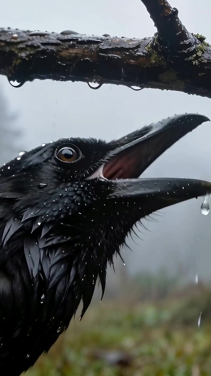 Video verticale: Corvo nero che reagisce a una goccia che cade, inclinando la testa sotto un ramo bagnato per raccogliere l'acqua.