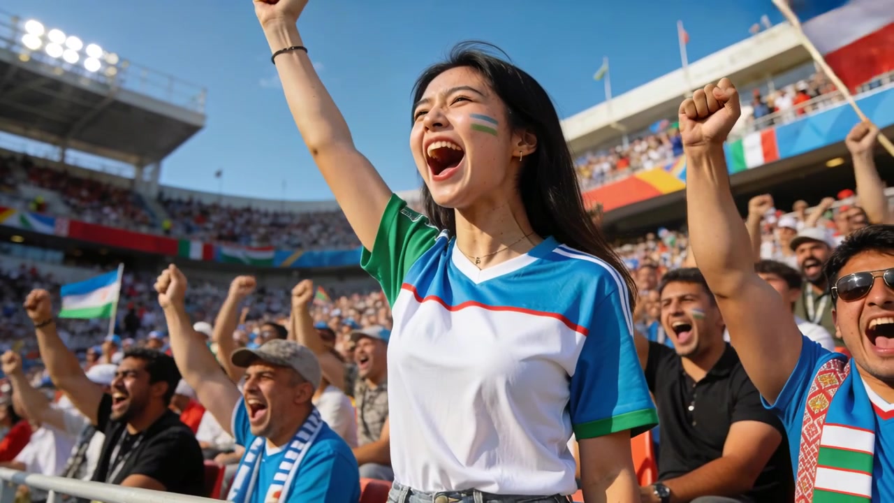 Viendo la acción en el campo, una aficionada con camiseta del equipo levantando el puño y gritando en las gradas del estadio