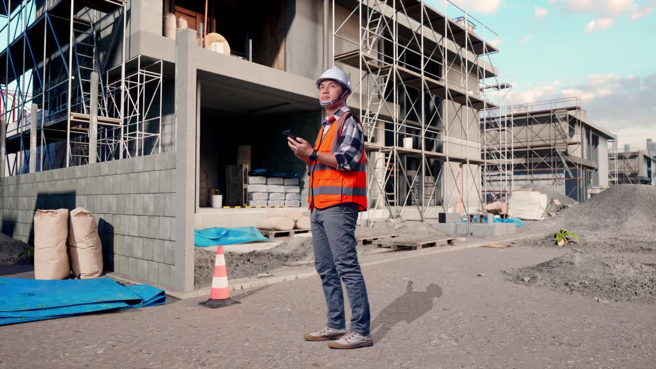 Full Body Side View Of Asian Male Engineer With Safety Helmet Using Smartphone And Looking Around While Standing At Building & Construction Site in Progress to New House