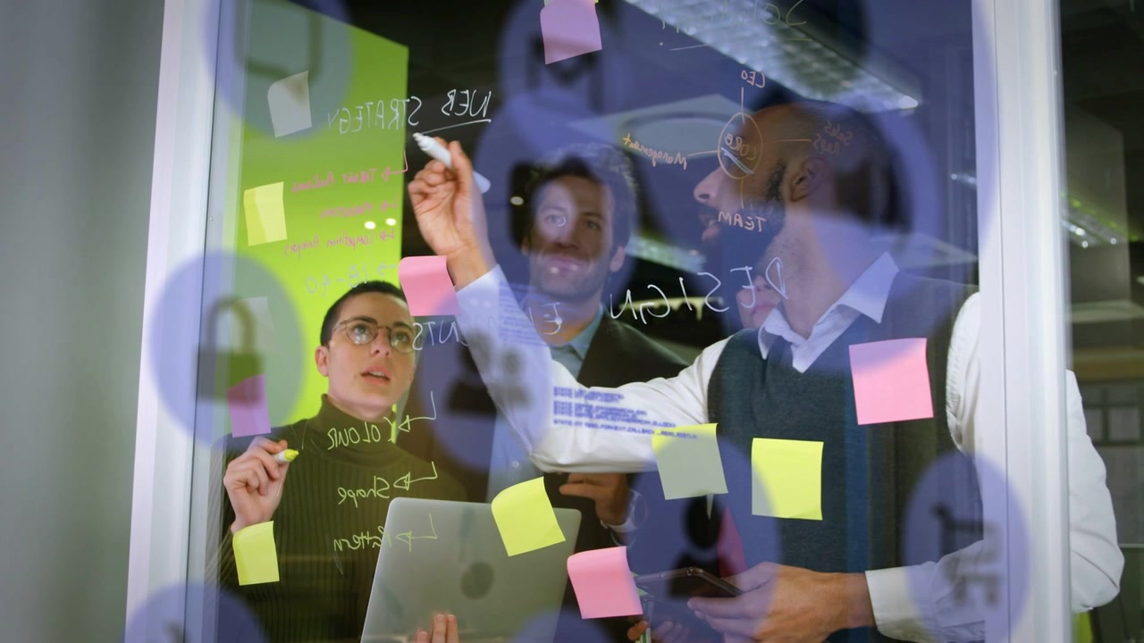 Business team using laptop, marking glass for planning, adding pink yellow notes with lock icons