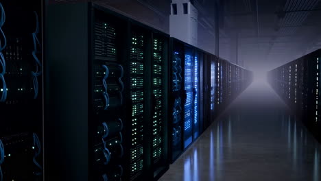 rows of servers and racks in a data center