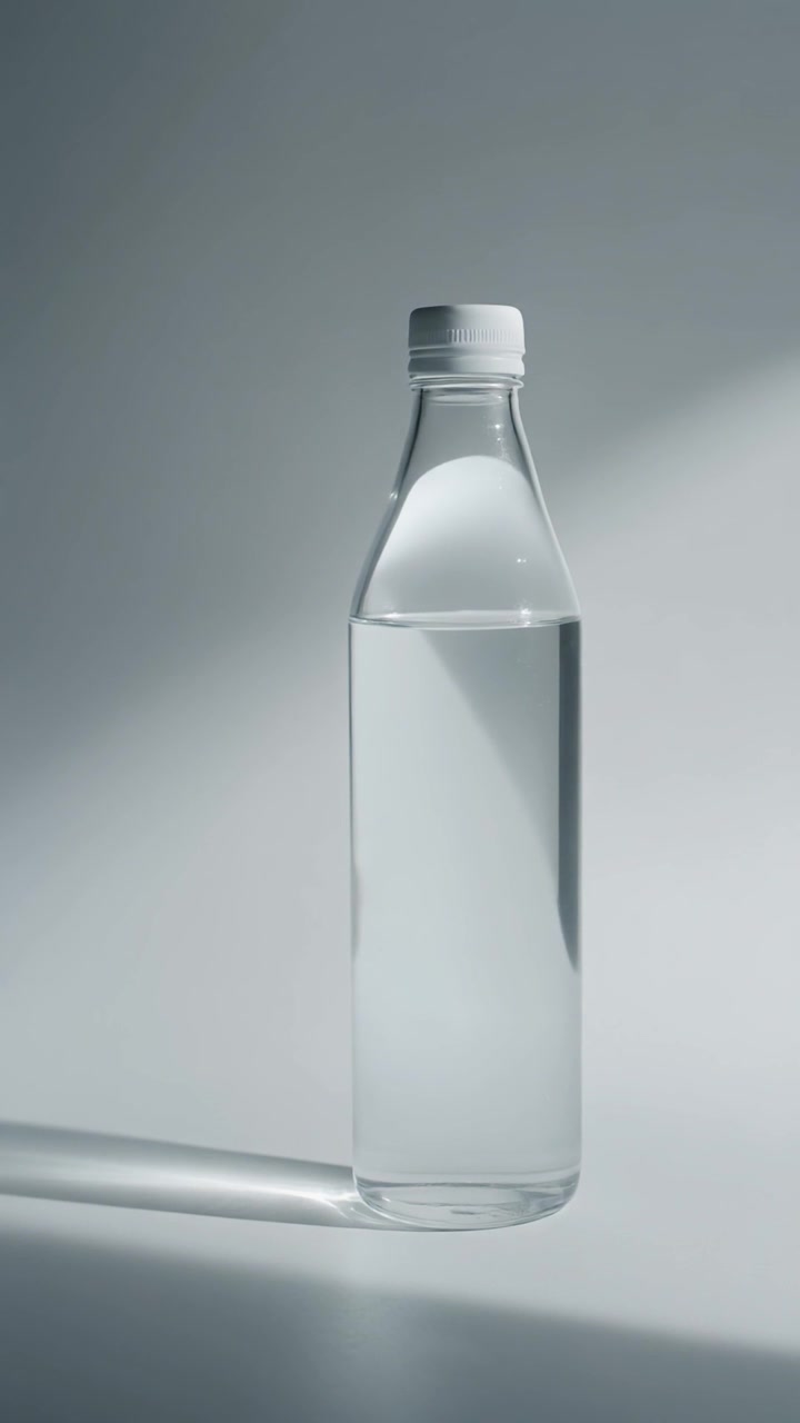 Tall minimalist clear bottle with a white cap casting a diagonal shadow on a neutral backdrop.