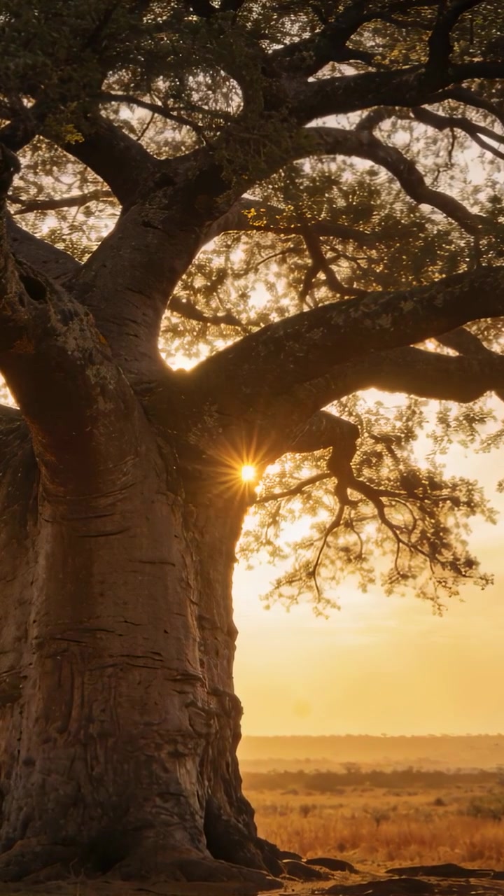 Video verticale: Luce solare che cambia illumina il tronco di baobab nella savana, creando un bagliore e riscaldando rocce ed erba.