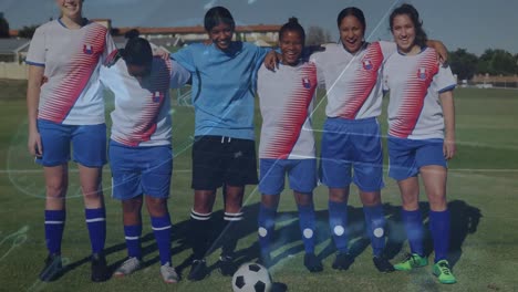 animation of speedometer over multiracial female soccer players with arms around standing on ground
