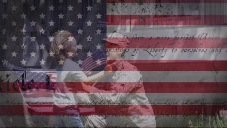 animation of flag of united states of america over male soldier with daughter