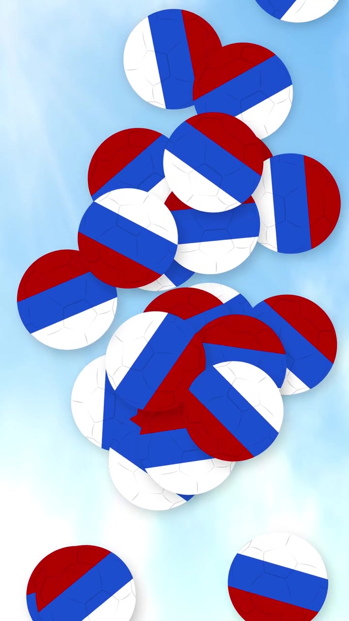 Red white and blue soccer balls fall vertically through a bright cloudy sky background.