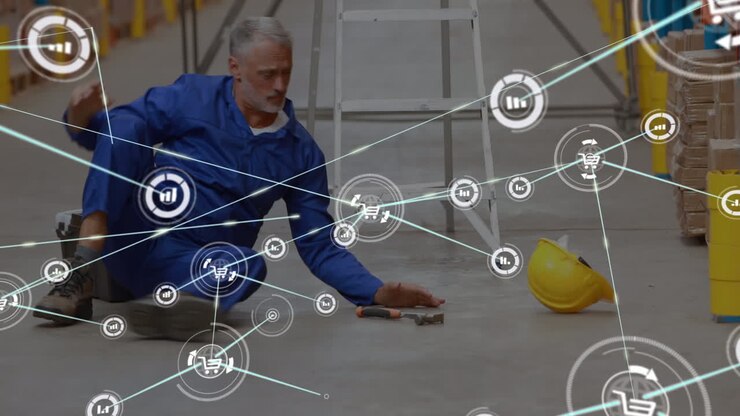 Animation of network of connections over man falling while working in warehouse