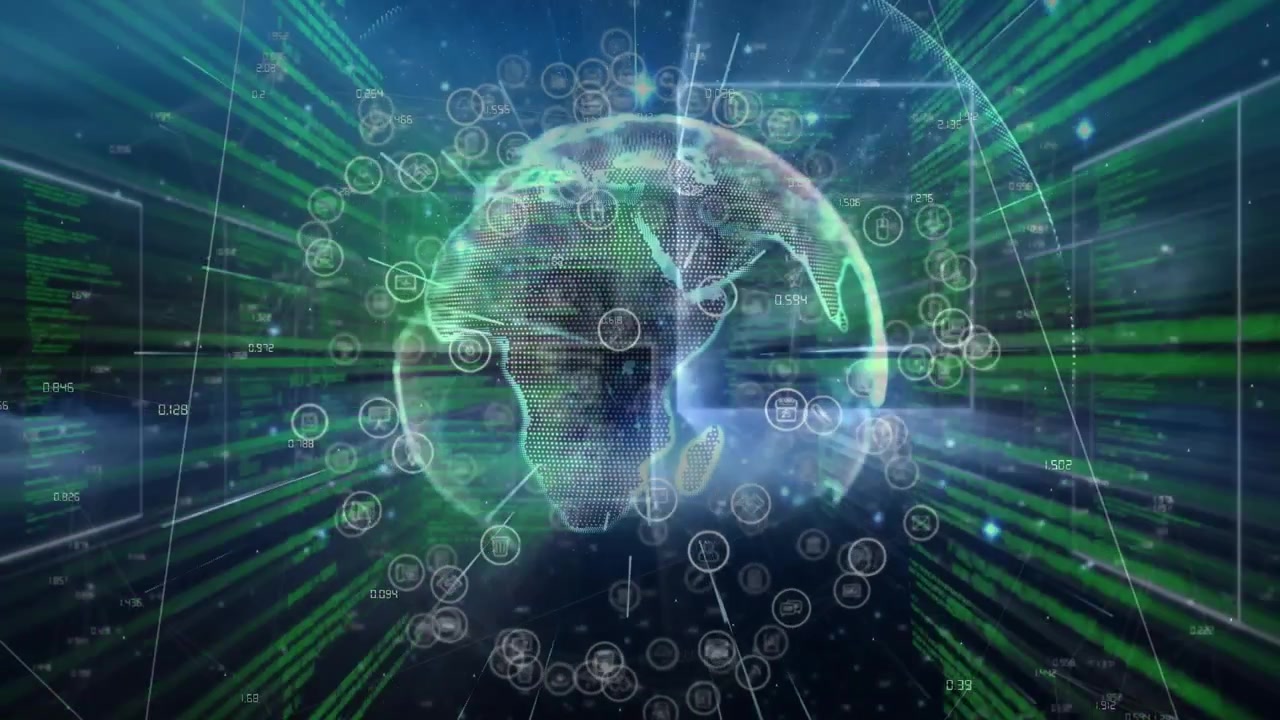 Glowing dots initiating globe coalescing into mesh while rotating eastward connecting data icons