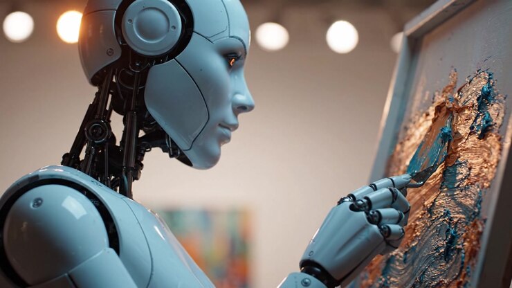 Un artista robot futuristico concentrato sulla creazione di opere d'arte vivaci con una spatola, che combina tecnologia e arte in un'ambientazione di galleria moderna