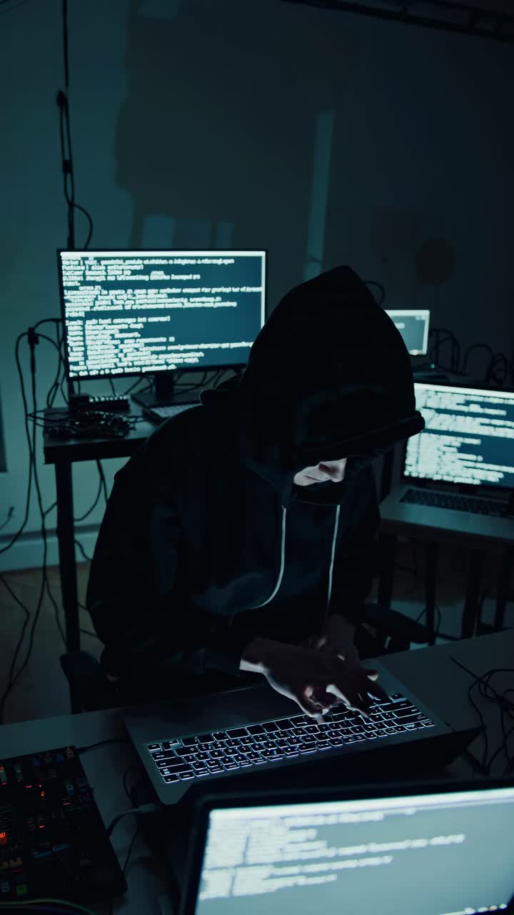 A dramatic, low-angle shot of a hooded figure typing on a laptop, surrounded by glowing screens