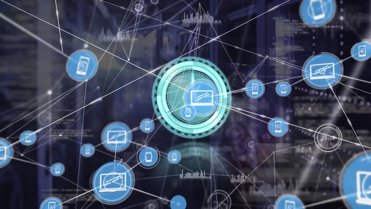 animación de la red de conexión con iconos sobre la sala del servidor