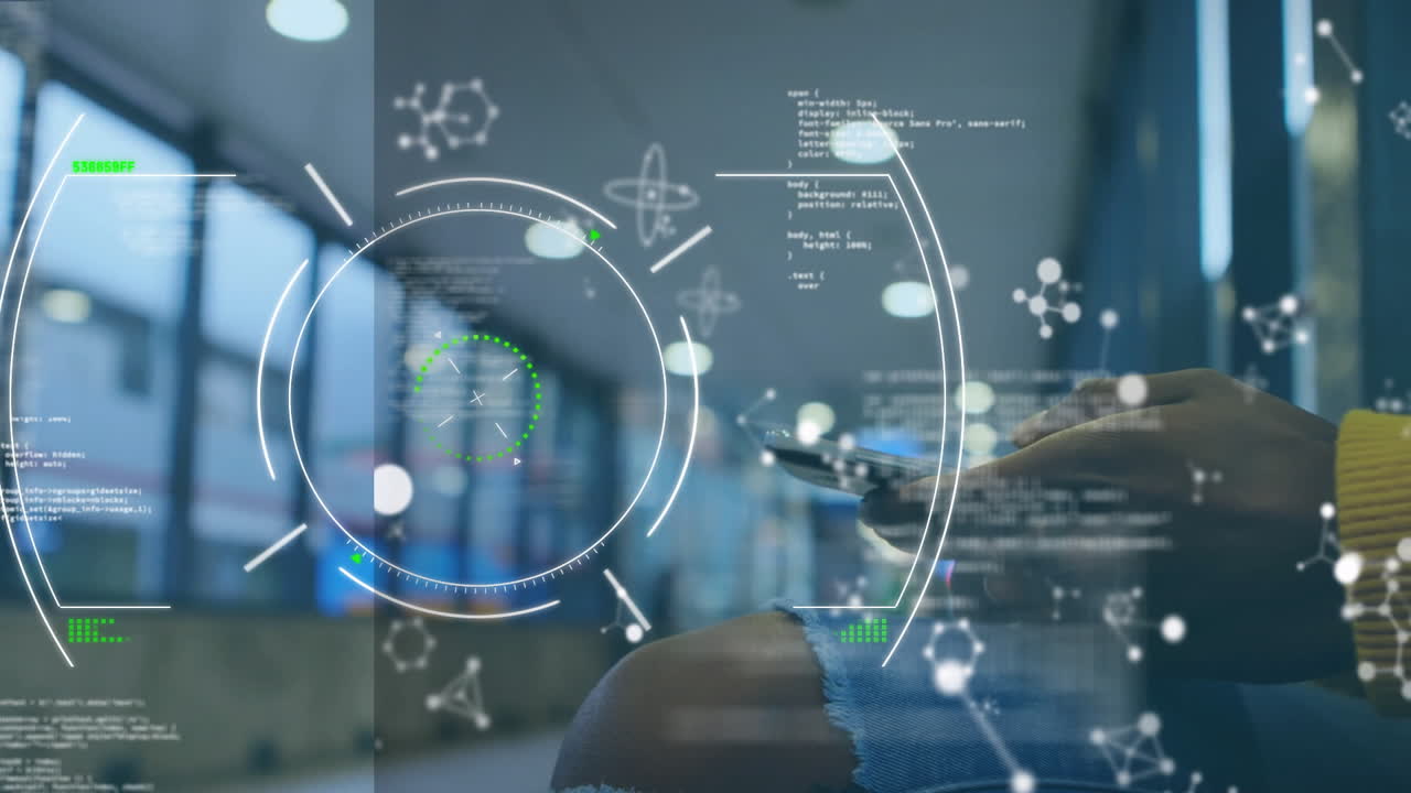 Using smartphone in hallway, person interacting with digital animation and data overlay