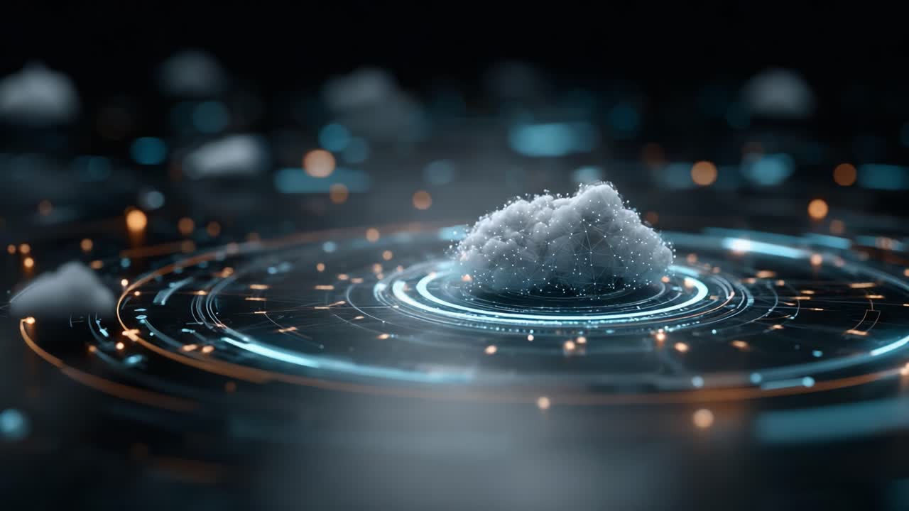 A visually striking digital representation of a cloud floating serenely in a futuristic circular interface featuring luminous lines and particles that create an ethereal ambiance