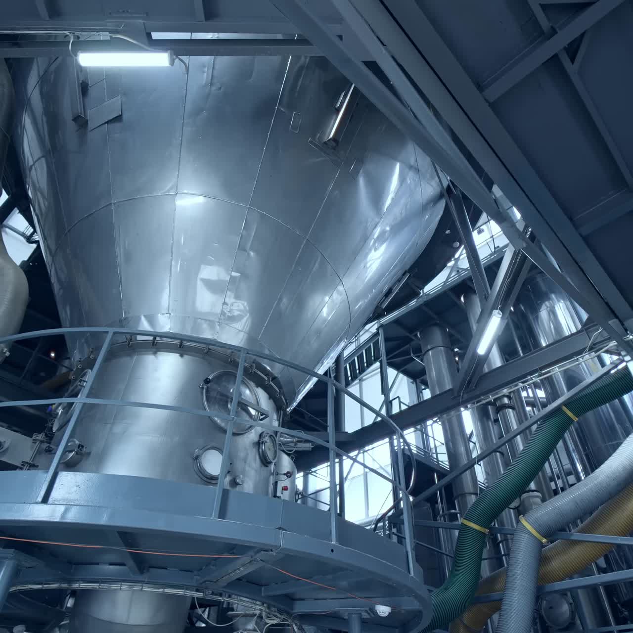 Industrial workshop at production dairy plant. Industrial production line in modern milk factory