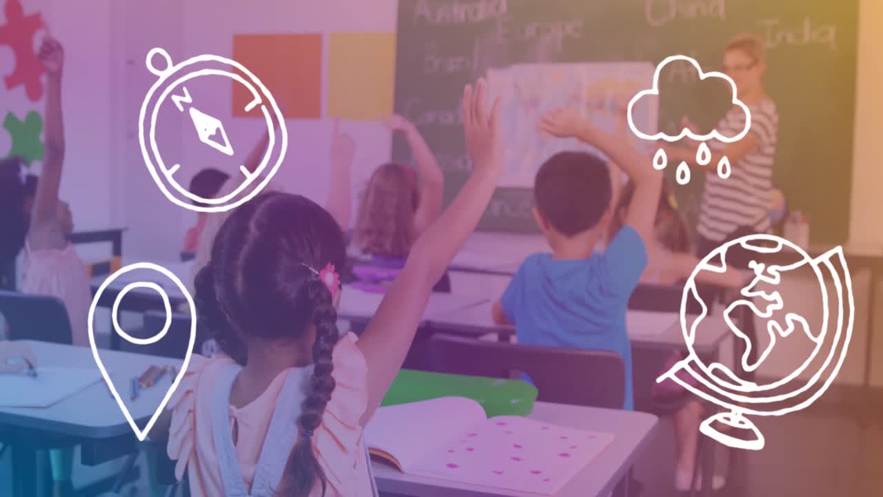Animación de artículos escolares sobre la vista trasera de una clase de alumnos diversos